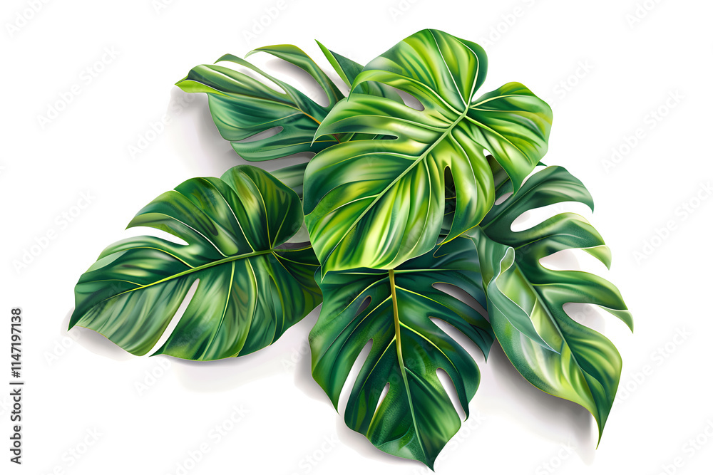 Detailed tropical leaves with lush green hues and diverse shapes isolated on white background Detailed tropical leaves with lush green hues and diverse shapes isolated on white background