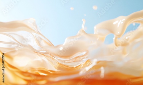 Creamy liquid splash with dynamic wave and droplets against a light blue background.