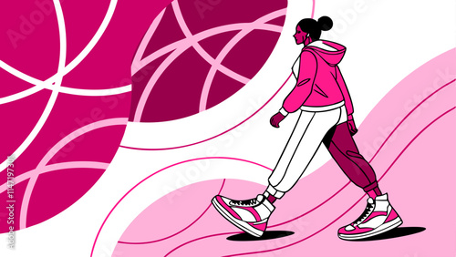 Woman Walking Illustration: Pink Abstract Background.