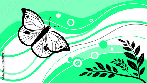 Mint Green Wavy Background with Butterfly & Floral Design - Elegant Black & White Illustration.