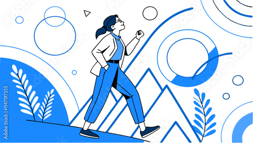 Businesswoman Ascending: Blue Line Art Illustration - Success, Ambition.