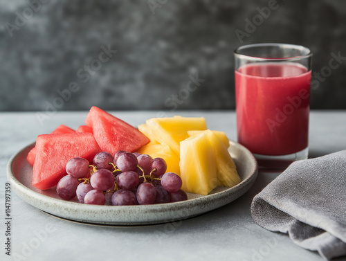 Frischer Obstteller mit Melone, Trauben und Mango neben Orangensaft

 photo