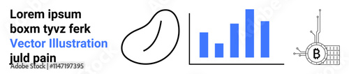 Abstract shape, blue bar graph, and Bitcoin symbol accompany Latin placeholder text. Ideal for business presentations, financial reports, tech websites, infographic designs, data visualization