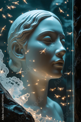 Glass-Encased Statue with Glowing Fireflies and Intricate Reflections