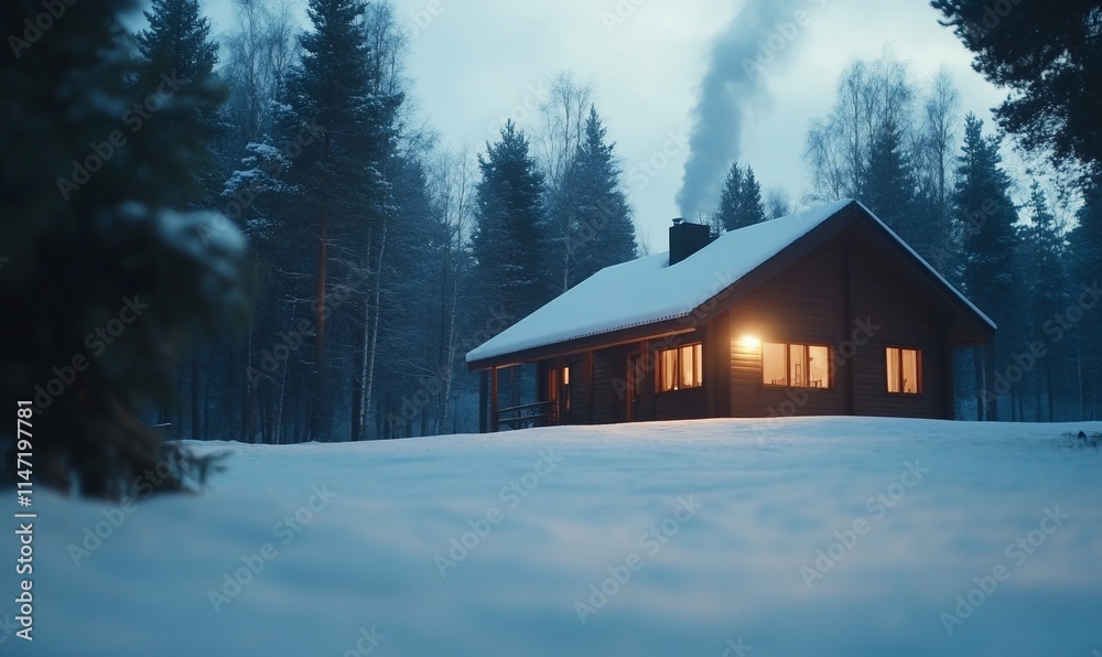Cozy cabin in snowy forest at twilight. (1) Cozy cabin in snowy forest at twilight. (1)