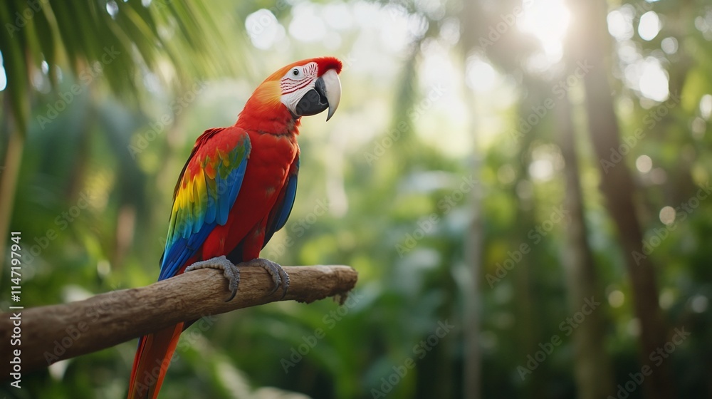Obraz premium Colorful macaw perched on branch in lush tropical rainforest.