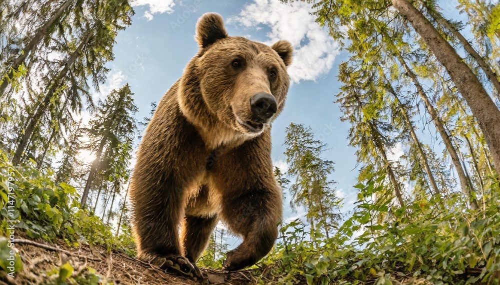 Brown Bear Walking Through a Forest in Search of Food Brown Bear Walking Through a Forest in Search of Food