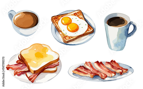 A delicious healthy breakfast consisting of scrambled eggs with a Belgian waffle, a sandwich, a plate of fried bacon, a mug of latte and a cup of cappuccino. Watercolor hand drawn painting isolated 