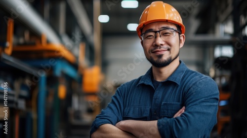 Confident factory worker in a hard hat smiling proudly in an industrial setting with machinery in background