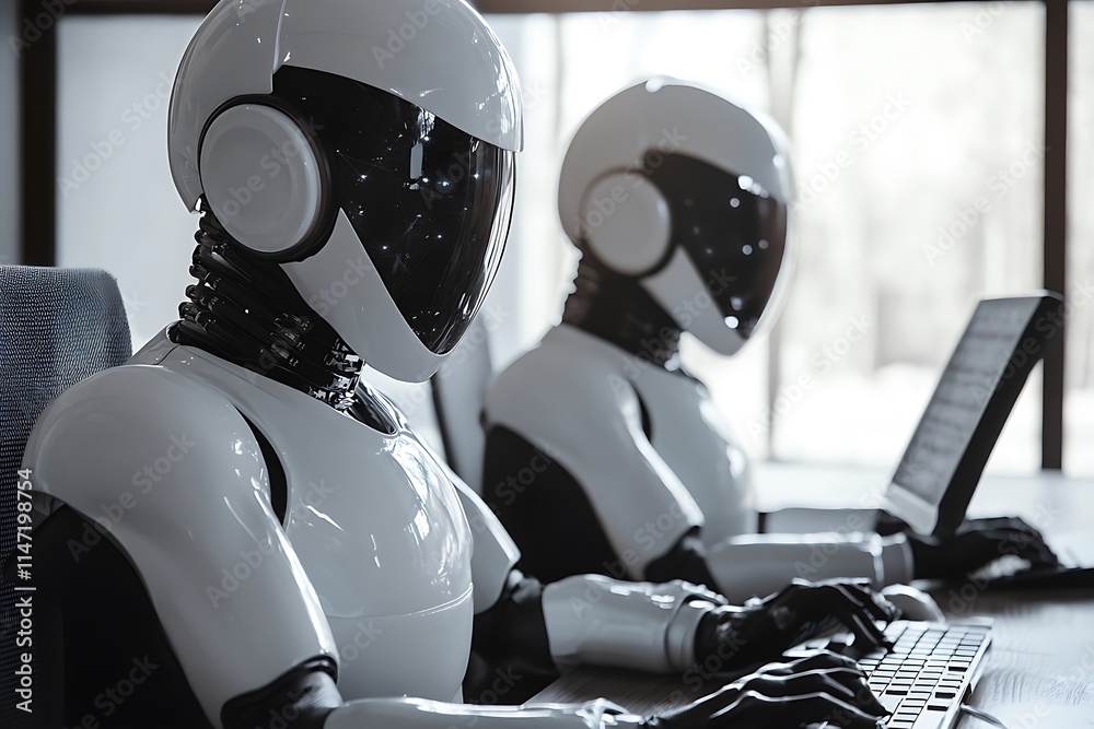 Two robots working on computers. AI, technology, future concept. Two robots working on computers. AI, technology, future concept.