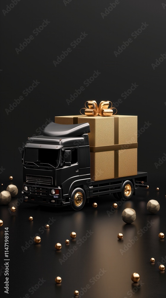 Black truck carrying an oversized golden gift box with shiny ribbon. Luxury delivery, festive gifts Black truck carrying an oversized golden gift box with shiny ribbon. Luxury delivery, festive gifts