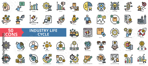 Industry life cycle icon collection set. Containing innovation, introduction, growth, maturity, decline, product, market, competition, technology icon. Simple flat outline vector illustration.