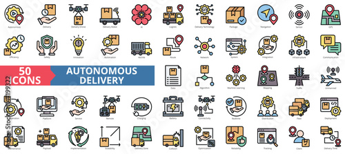 Autonomous delivery icon collection set. Containing drone, robot, ai, logistic, technology, package, navigation icon. Simple flat outline vector illustration.