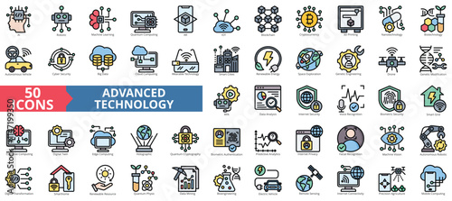 Advanced technology icon collection set. Containing ai, robotic, machine learning, quantum computing, ar, iot, blockchain, cryptocurrency icon. Simple flat outline vector illustration.