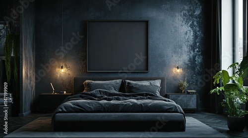 Mockup frame in a dark-themed bedroom interior background, Industrial style, featuring metal accents and urban decor, 3D render
