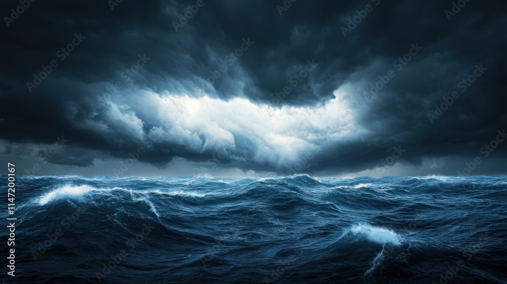 Dark and Stormy Ocean Waves Under Dramatic Sky with Heavy Clouds and Turbulent Waters at Dusk Dark and Stormy Ocean Waves Under Dramatic Sky with Heavy Clouds and Turbulent Waters at Dusk