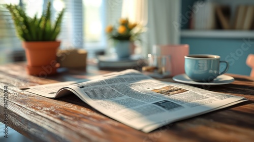 Morning coffee and newspaper on wooden table.