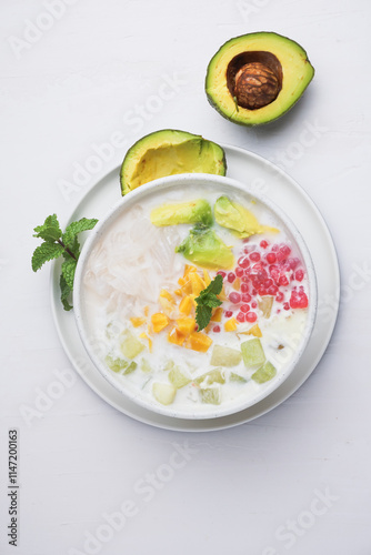 Mixed Ice, made from gelatin, tapioca pearls, ice, young coconut, sugar syrup, mixed fruit and coconut milk or milk. hemp during the month of Ramadan. Indonesian street food.