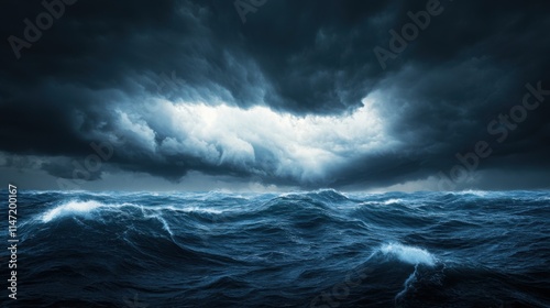Dark and Stormy Ocean Waves Under Dramatic Sky with Heavy Clouds and Turbulent Waters at Dusk