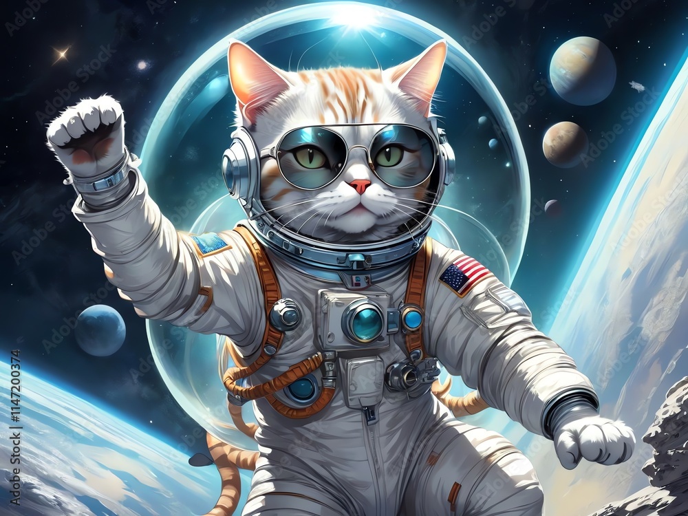 Fototapeta Cat Astronaut Floating in Outer Space Feline in intergalactic travel. Adorable cat wearing a spacesuit floating in outer space, surrounded by planets and a spaceship