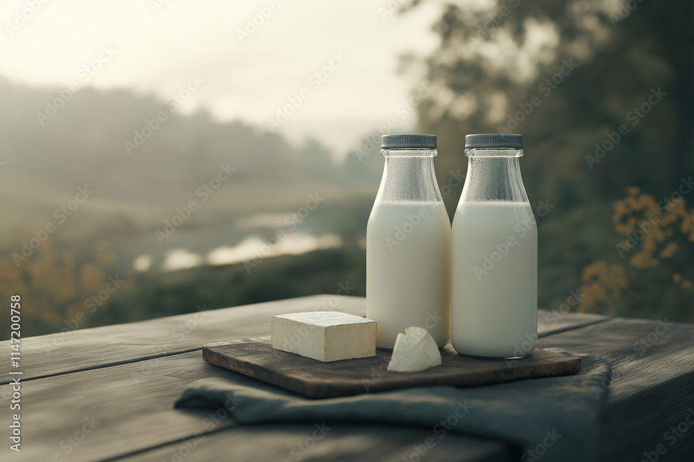 Frische Milch und Käse auf einem rustikalen Tisch mit Blumenarrangement
Frische Milch und Käse auf einem rustikalen Tisch mit Blumenarrangement
