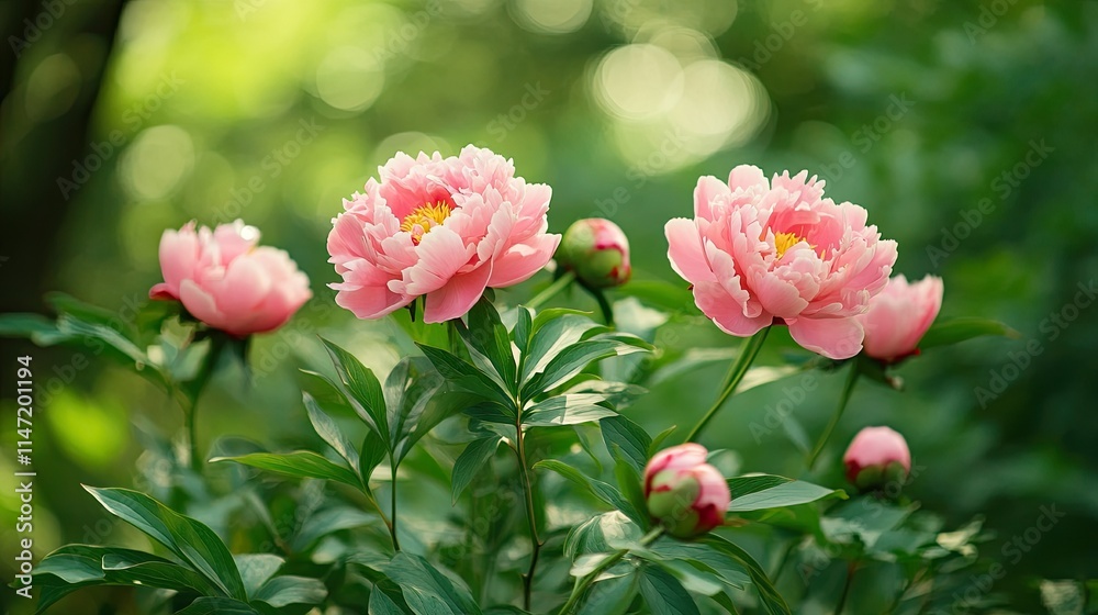 Pink peony flowers growing in a spring forest, natural seasonal background Pink peony flowers growing in a spring forest, natural seasonal background