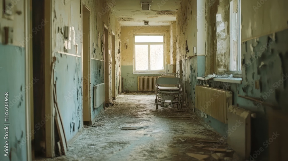 A long, narrow hallway in an abandoned building with peeling paint, a broken window, and a lone wheelchair. A long, narrow hallway in an abandoned building with peeling paint, a broken window, and a lone wheelchair.