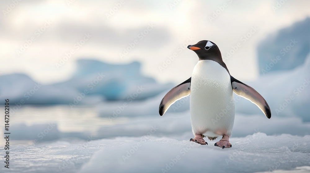 Obraz premium Single penguin waddling on an icy Antarctic landscape, animal outdoor background