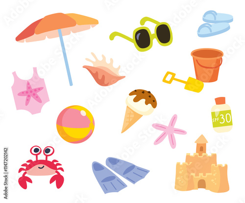Сollection set colorful summer and  beach related icons objects items for kids.  sea coast summer vacation set