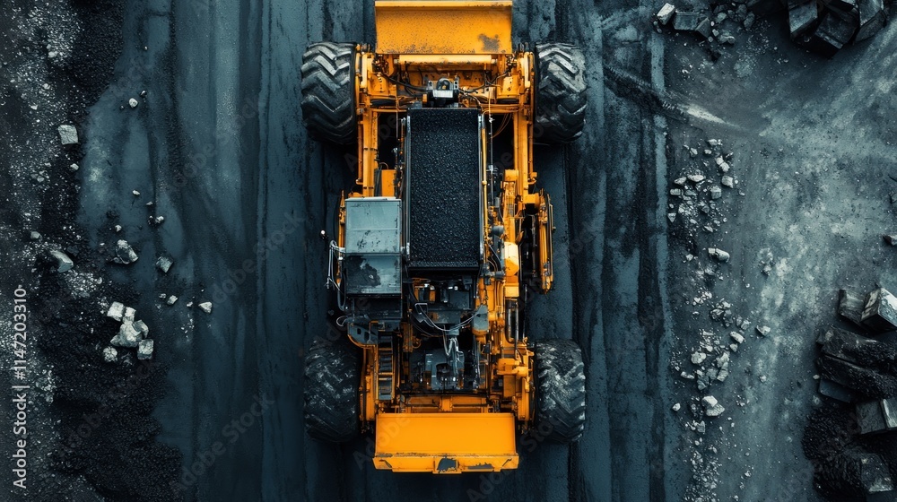 Aerial view of a yellow construction vehicle driving on a dirt road in a quarry.