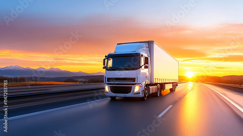 Semi-truck driving on a highway at high speed, symbolizing modern transportation and logistics. photo