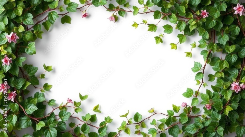 Fototapeta premium Real green leaves forming a intricate vine frame surrounding a central copy space, perfect for a natural backdrop, vine frame, beautiful, lush