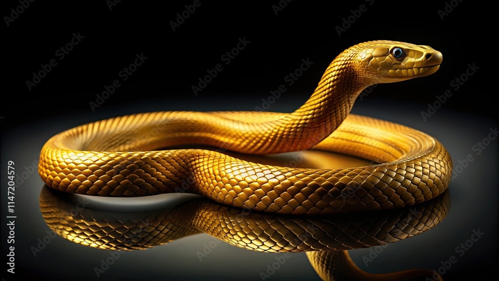 Fototapeta premium Golden Snake on a Dark Background, golden snake, dark background, serpent, mythical creature