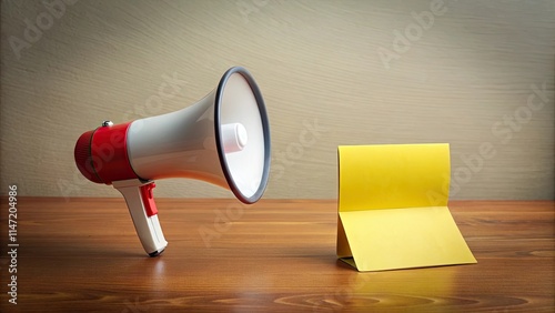 post-it note megaphone on a desk, anti gaspi , noise reduction device photo