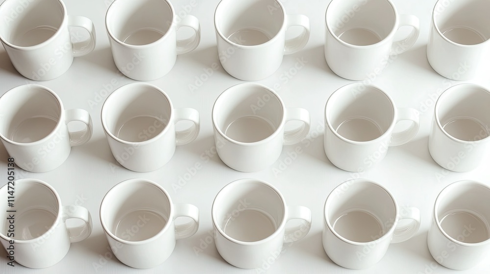 White Mugs in Grid Pattern: Uniformity in Design White Mugs in Grid Pattern: Uniformity in Design