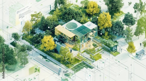 Isometric illustration of a modern building with green spaces and people walking in the surrounding area.