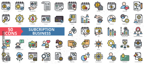 Subscription business icon collection set. Containing renewal, membership, billing, autorenewal, cancellation icon. Simple flat outline vector illustration