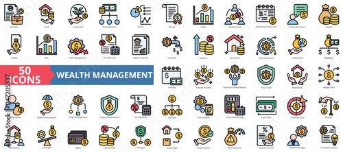 Wealth Management icon collection set. Containing asset, portfolio, investment, diversification, equity, bonds, stock icon. Simple flat outline vector illustration