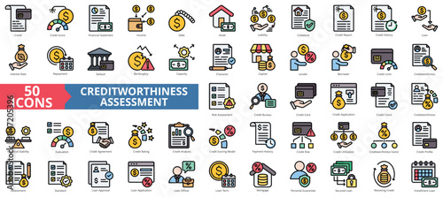 Creditworthiness assessment icon collection set. Containing credit, score, financial statement, income, debt, asset, liability, collateral icon. Simple flat outline vector illustration