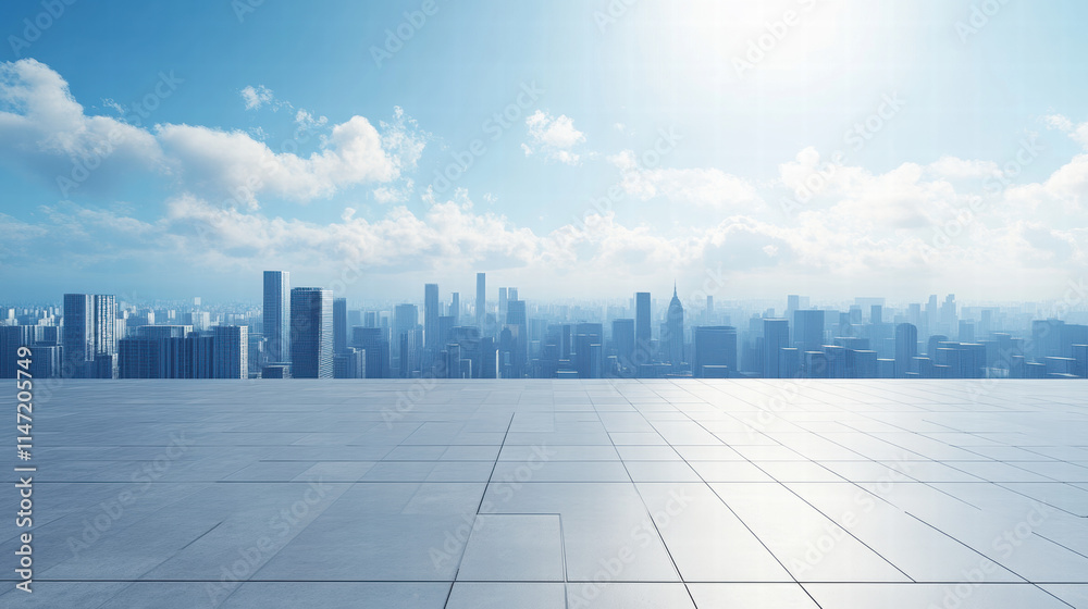 A large, empty square floor with a city skyline view on the horizon, a blue sky, and bright, daytime A large, empty square floor with a city skyline view on the horizon, a blue sky, and bright, daytime