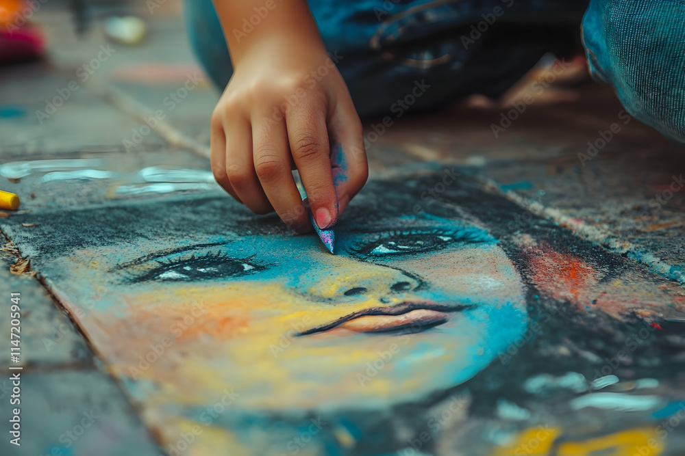 A young artist gently applies colorful chalk to create an expressive portrait on the ground A young artist gently applies colorful chalk to create an expressive portrait on the ground