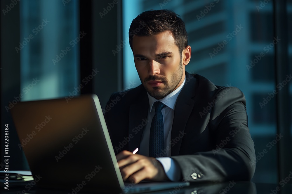 Focused businessman working on laptop. Concept of business, productivity, and modern work. Focused businessman working on laptop. Concept of business, productivity, and modern work.