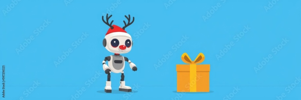 Robot deer wearing red hat holding gift box present, cartoon animal mechanical character reindeer on flat blue background with copy space, gift box, flat, character Robot deer wearing red hat holding gift box present, cartoon animal mechanical character reindeer on flat blue background with copy space, gift box, flat, character