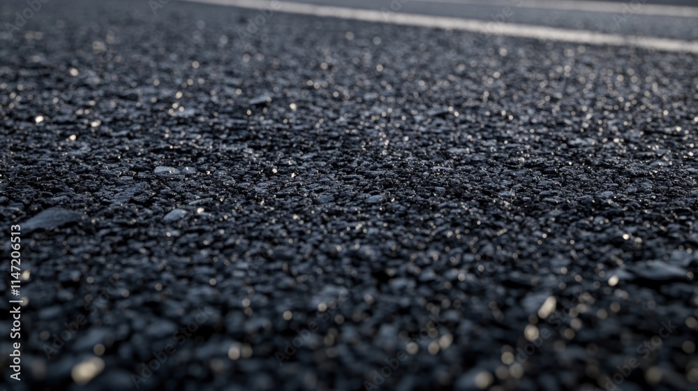 A close-up view of a black asphalt road with a white line in the distance. The texture of the asphalt is rough, with small stones visible. A close-up view of a black asphalt road with a white line in the distance. The texture of the asphalt is rough, with small stones visible.