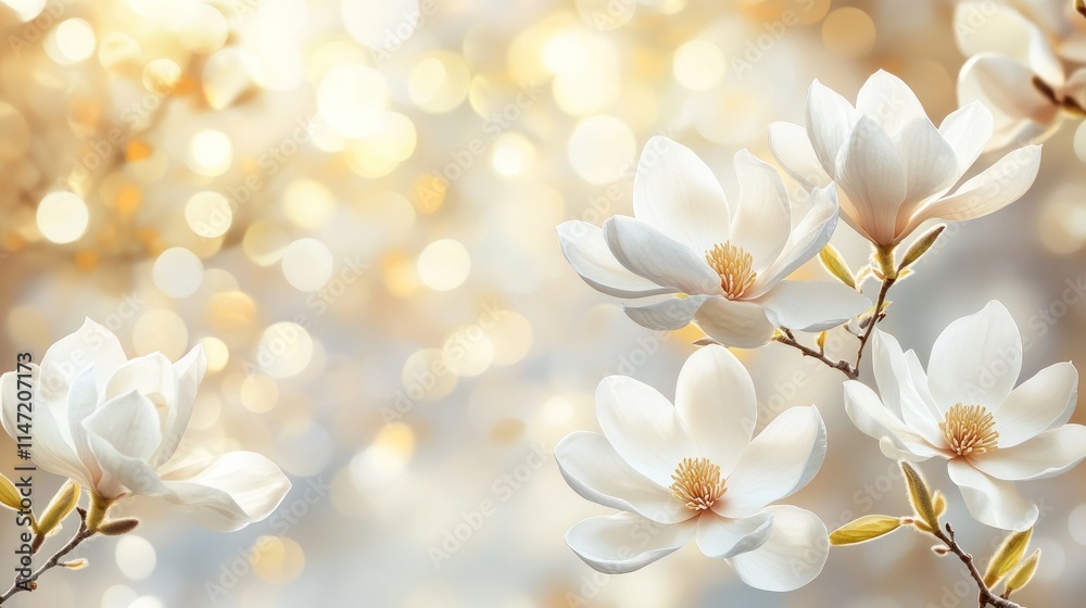 Closeup of delicate white magnolia blossoms with a soft, blurred background of golden bokeh. Closeup of delicate white magnolia blossoms with a soft, blurred background of golden bokeh.
