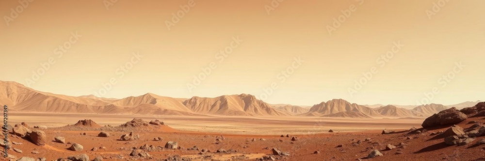 Rugged and desolate red planet with arid rocky hills and mountains for space exploration and science fiction backgrounds, rocky terrain, Mars, arid landscape