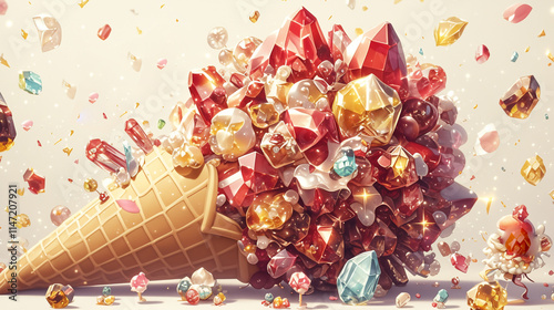 The Artisanal Crystal Ice Cream Cone: A Masterpiece of Culinary Elegance and Brilliance. Perfect for use in high-end dessert marketing, presentations, art installations, and advertising campaigns