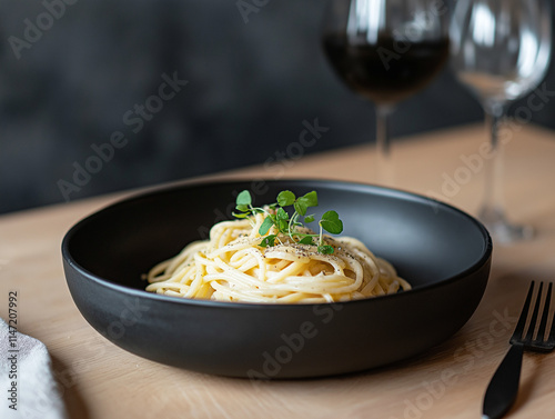 Perfekt zubereitete Spaghetti mit Kräutern in modernem Geschirr

 photo