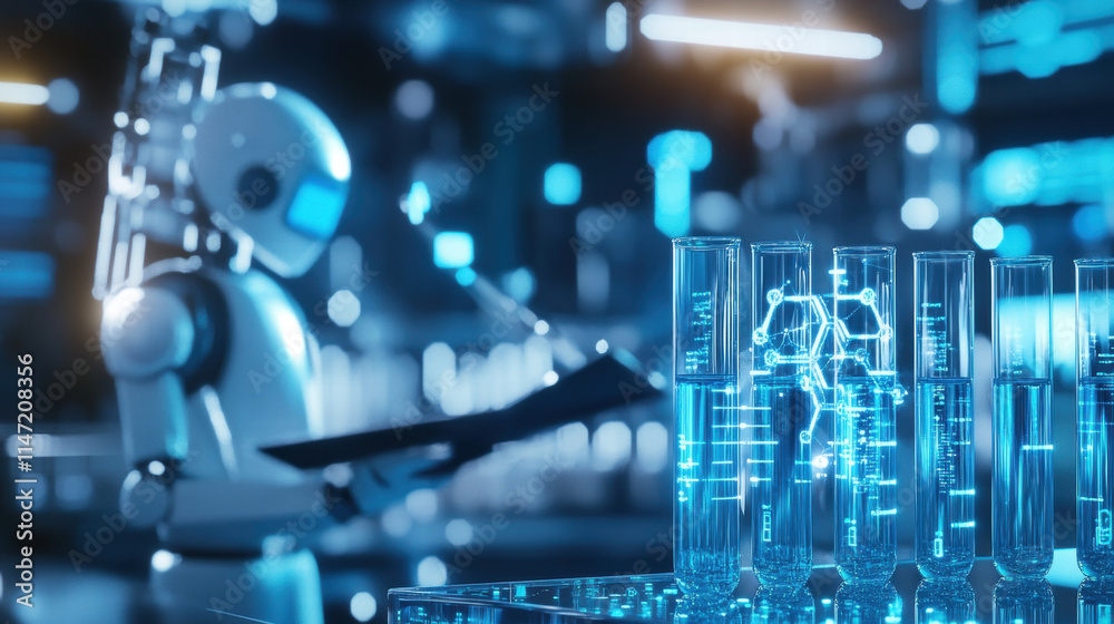 A close-up of test tubes filled with clear blue liquid, surrounded by futuristic laboratory equipment and digital data streams in the background A close-up of test tubes filled with clear blue liquid, surrounded by futuristic laboratory equipment and digital data streams in the background