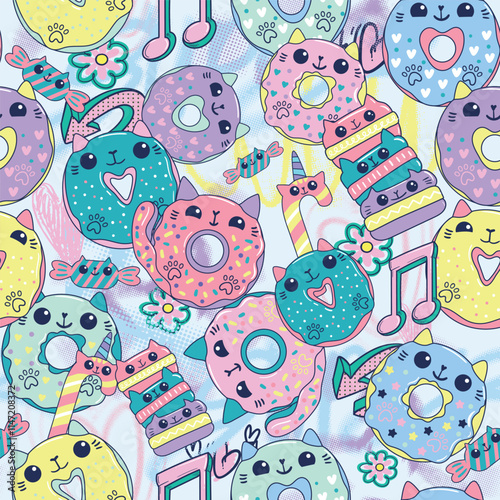 Seamless pattern with cartoon cat donuts in kawaii style on dots background. Unicorn Kittens donut. Funny girlish print for textile, wraping paper